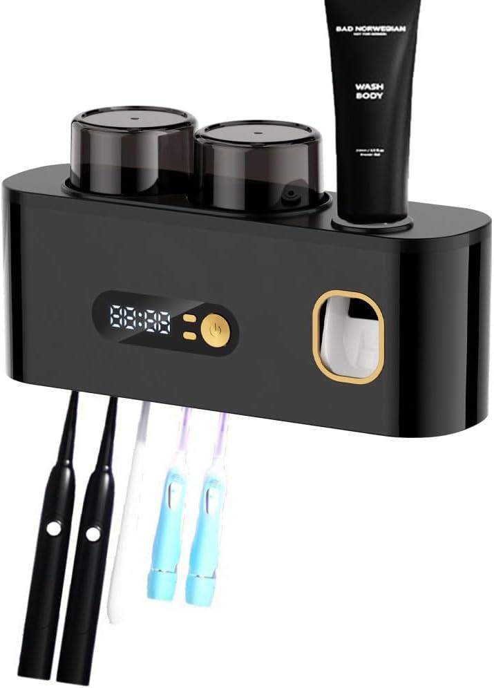 Upgrade Toothbrush Sterilizer,Toothbrush Holder for Bathroom,Tooth Brush Cleaning Tool with Toothpaste Dispenser Wall Mounted Type-C Charging with 2 Cups (Black)