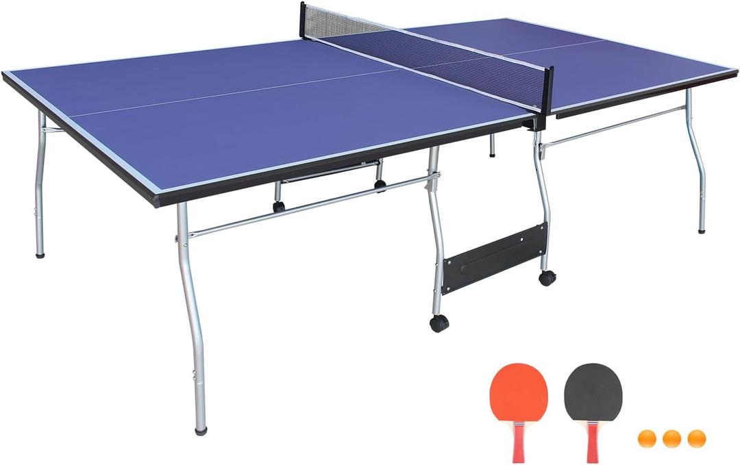 Compact Ping Pong Table, 8ft Mid-Size Indoor/Outdoor Table Tennis Game Set, Foldable, Portable Table Tennis Table with Net, 2 Table Tennis Paddles and 3 Balls