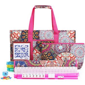 American Mahjong Tile Set with Rose-Red Printed Carrying Bag, 166 Premium White Tiles, 4 All-in-One Color Racks/Pushers, Mah Jongg Sets, Complete Mahjong Game Set for Travel