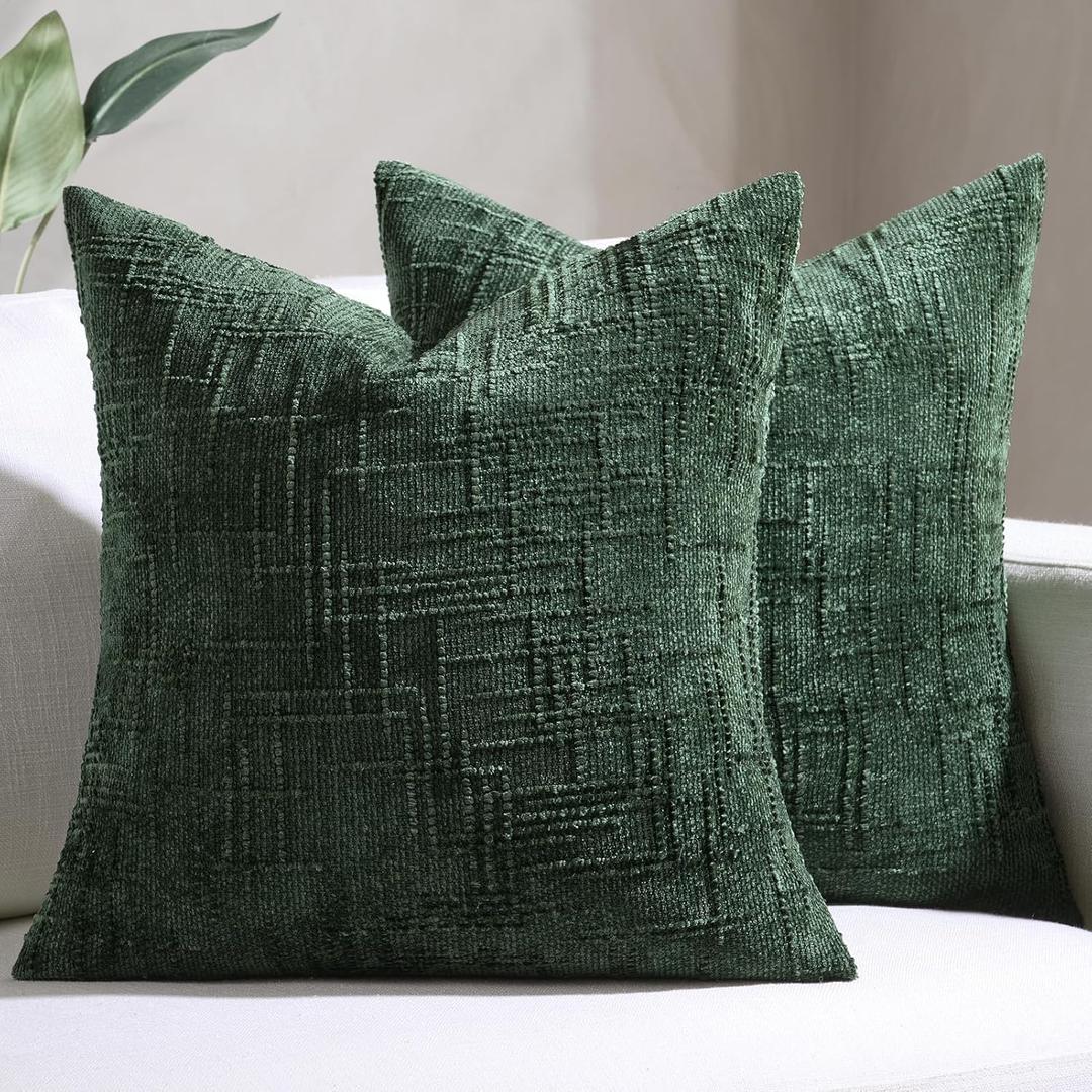 Softalker Green Spring Chenille Pillow Covers, 18x18 Inch Set of 2, Farmhouse Boho Cushion Covers Soft for Sofa Bed Couch, Valentine Easter Decorative Pillow Cases for Living Room, Home Decor Gift