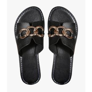 Verdusa Women's Open Toe Chain Flat Sandals Faux Leather Summer Slippers Slip on Slides, Size 38