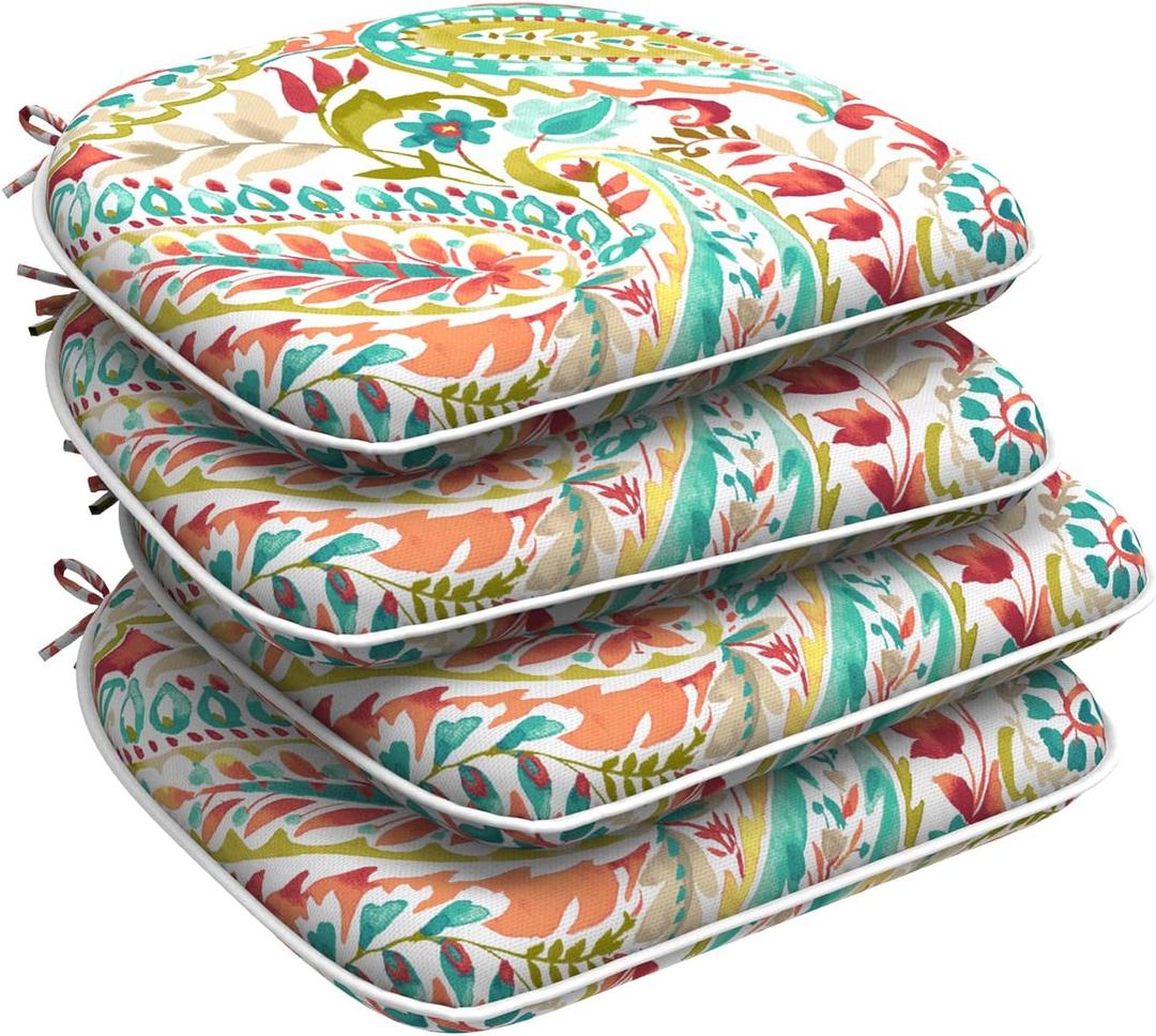 Set of 4 Outdoor Chair Cushions with Ties,Water Repellent Patio Chair Pads 17"x 16" for Outdoor Furniture,Round Corner Seat Cushions for Garden Yard Kitchen Pretty Paisley