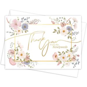 Honeyplum Wedding Thank You Cards - Bulk 48 Card Set - Floral Design With Stylish Envelope Printing - Sized 3.5 x 5 Inches