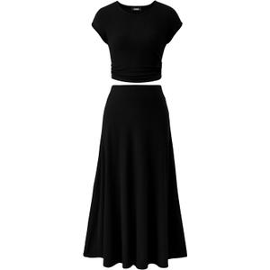 BTFBM Women Two Piece Skirt Set Summer 2025 Casual Vacation Crew Neck Short Sleeve Cropped Top Elastic Waist Midi Skirts (Large, Black)