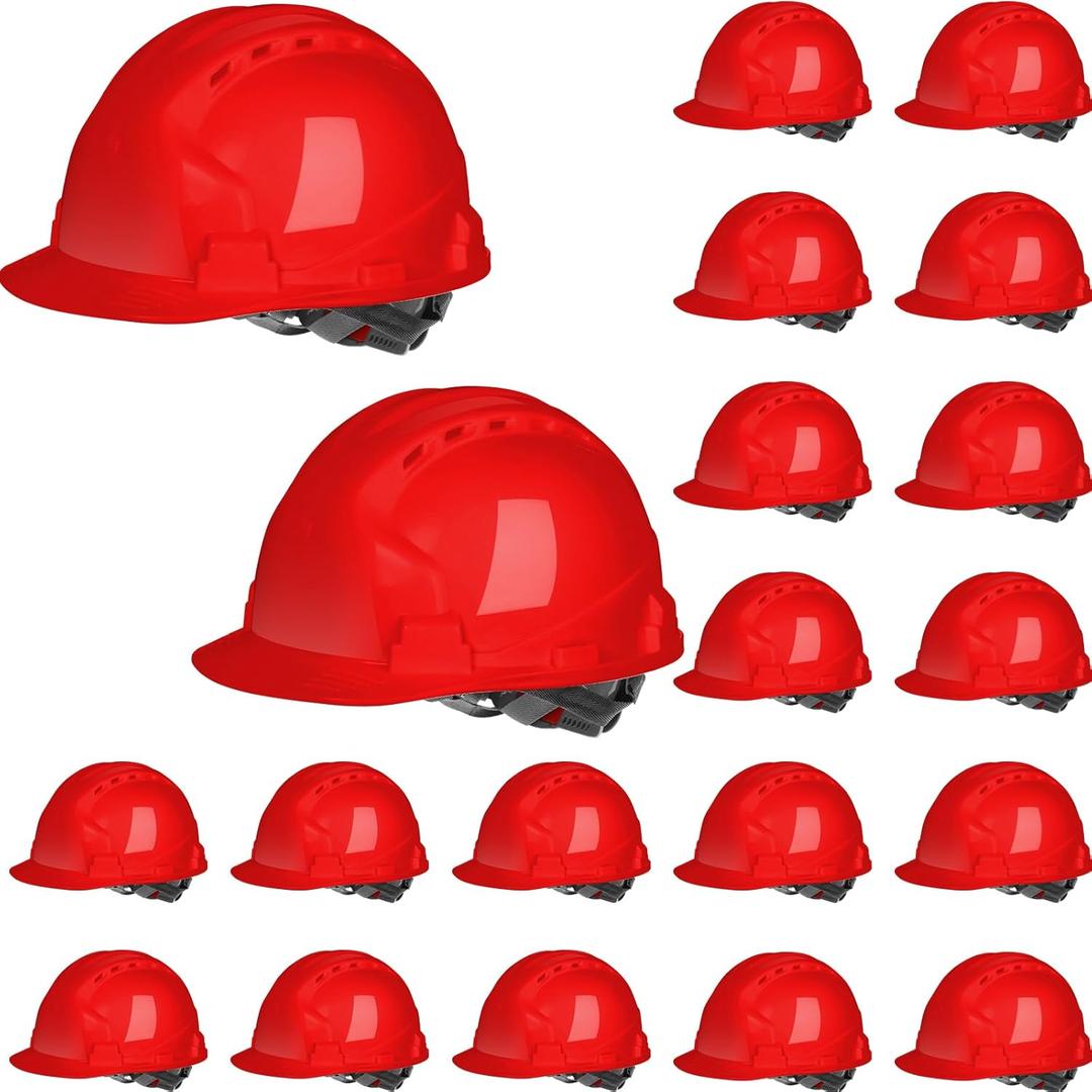 Leumoi 20 Pack 4 Pt. Suspension Hard Hat Bulk Safety Helmets ABS Ratchet Hard Hats Adjustable Construction Hardhats with Vents and Cotton Brow Pad Hard Hats for Men Work Head Protection (Red)