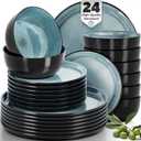 24 Piece Dinnerware Sets for 8 - Modern Style Stoneware Dinnerware Set - Scratch Resistant, Dishwasher Safe Plates and Bowls Sets Ceramic, Dish Set, Bowl and Plate Set - Black and Petrol Blue