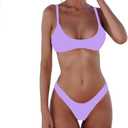 SherryDC Women's Solid Scoop Neck Push Up Padded Brazilian Thong Bikini Swimsuit Bathing Suit (Purple, M)