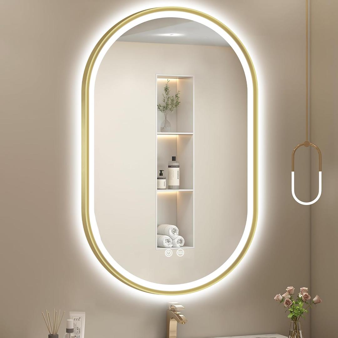 S'bagno Oval-Led-Bathroom-Mirror with Golden Frame Dimmable Brightness, Lghted-Bathroom-Mirror with Defogger, Touch-Buttons, Lights Color Changing, Vertical and Horizontal (36"L x 24"W)