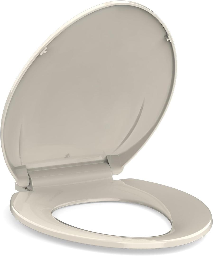 19" Elongated Almond Toilet Seat Cover, Slow Close Polypropylene Design with Never Loosen Lid, Quiet and Easy to Install & Clean