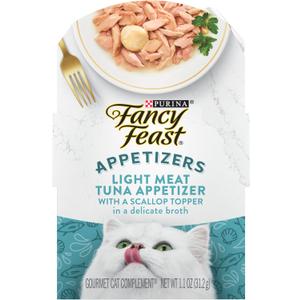 Purina Fancy Feast Appetizers Lickable Grain Free Wet Cat Food Topper Light Meat Tuna Appetizer with Scallop - (Pack of 10) 1.1 oz. Trays (EXP 02/29/28)