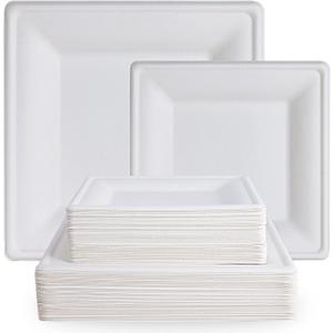 ECOLipak 120 Pack Compostable Paper Plates, 10 inch and 8 inch Heavy Duty Eco-friendly Sugarcane Biodegradable Disposable Square Plates for Party Dinner Birthday