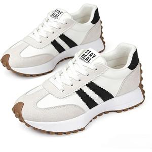 Women's Fashion Thick Sole Sneakers, Breathable Walking Shoes, Comfortable Support, Casual Textile Upper, Rubber Sole, All Seasons (White, 6.5)