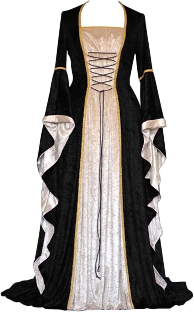 YEAXLUD Womens Renaissance Medieval Costume Dress Lace up Irish Over Long Dresses Cosplay Retro Gown (Small, Black)