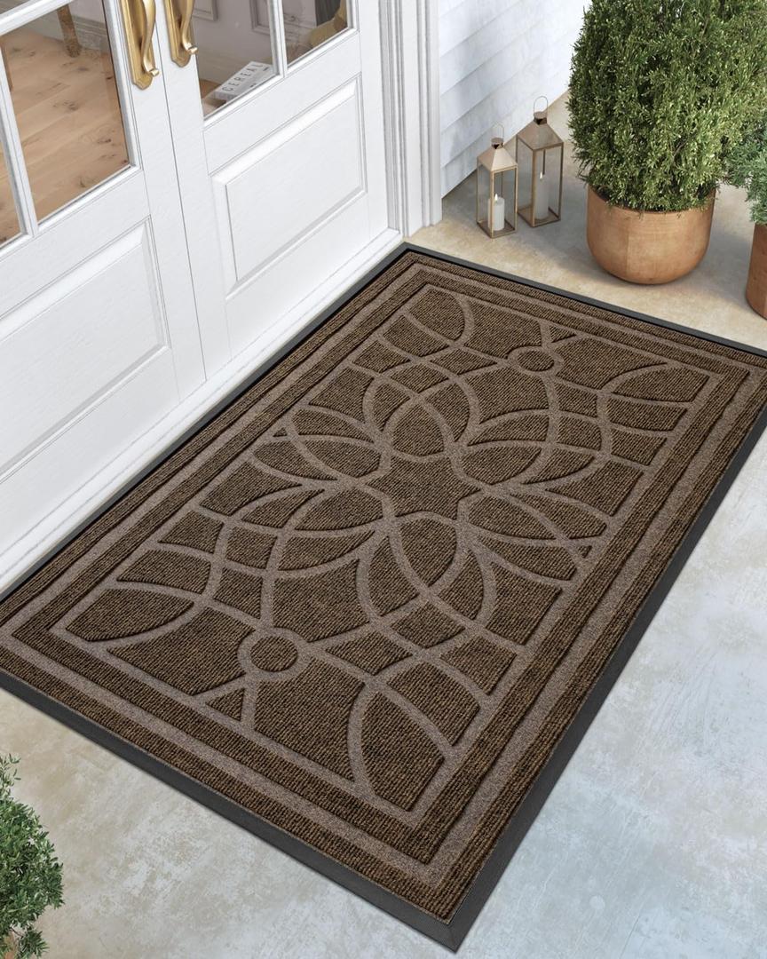 DEXI Front Door Mat Outside Entrance, Heavy Duty Non Slip Low Profile Doormat for Entryway, Trap Dirt and Moisture Welcome Mats, Easy Clean, Patio, Garage, 5x3, Brown