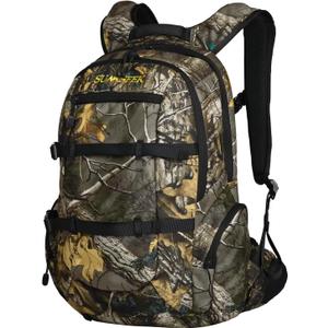 Hunting Backpack with Integrated Rifle and Bow Carrier, Brushed Tricot Daypack for Turkey and Deer Hunting, 30L Camo Pack with Drop-Down Buttstock Holder, Padded Waist Belt and Rain cover, Large