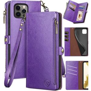 XcaseBar for iPhone 15 Pro Max 6.7" Wallet case with Zipper Credit Card Holder RFID Blocking,Flip Folio Book PU Leather Shockproof Protective Cover Women Men for Apple 15 ProMax Phone case Purple (Solid)