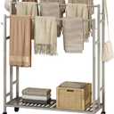 SORCEDAS Towel Rack 3 Tier Free Standing Metal Towel Stand with Storage Shelf and Wheel for Extra Large Towel Blanket Drying (Grey)