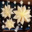 3Pcs Christmas Paper Snowflake Lanterns, Large Christmas Paper Star Lanterns with Lights & Banner White Hanging Snowflake Lamps for Xmas Winter Frozen Weddings Birthday Holiday Party Decorations
