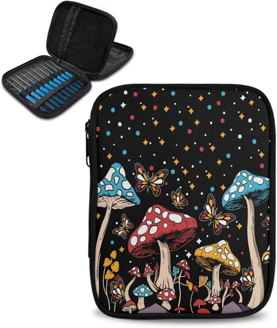 Cartoon Mushroom Crochet Storage Organizer with Web Pockets Butterfly Knitting Needle Storage Vacation Portable Crochet Hook Case for Holiday Decor