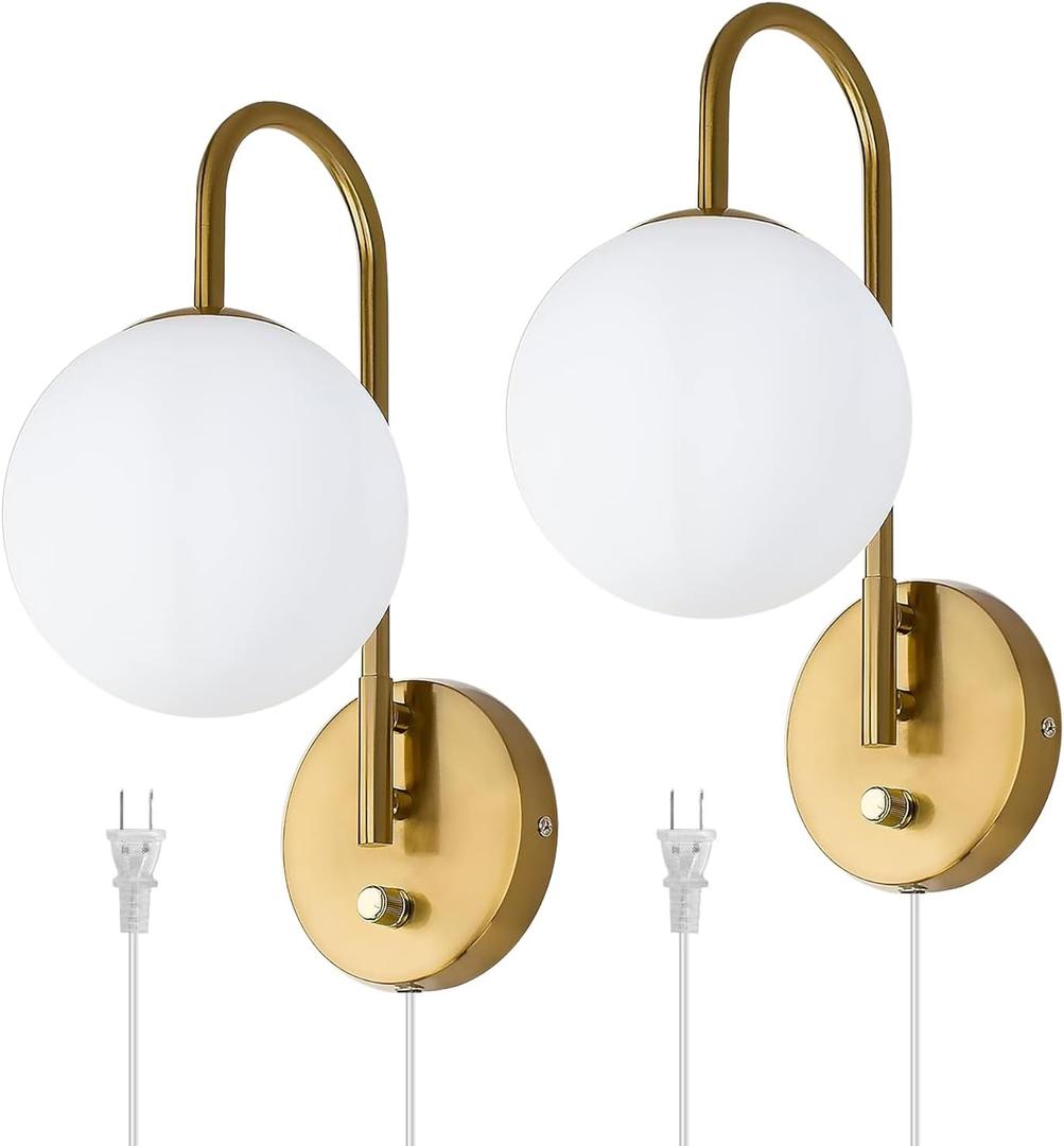 Wall Sconces Set of Two, Plug-in Wall Sconces, Dimmable Wall Light, Milk Glass Sconce Light, 2700K Wall Sconce Light, Wall Lights for Bedroom, Living Room, Hallway, and Bedside (Gold)