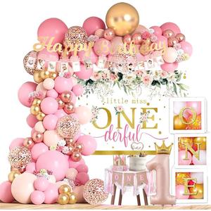 Baby Girl 1st Birthday Decorations Supplies - Balloon Boxes, Pink Gold Balloons Garland Arch KitParty Backdrop, High Chair Banner, Crown, Photo Banner