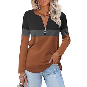 TICTICMISS Women's Long Sleeve Shirts Zipper Color Block V Neck Tunic Tops Casual Blouse, X-Large,Black-gray-brown