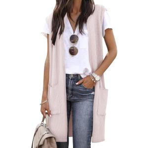 ZXZY Women Casual Sleeveless Open Front Tunic Vest Long Cardigan Tops Coat (X-Pocket Apricot, X-Large)