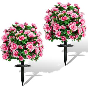 Artificial Flowers for Outdoors, Faux Outdoor Plants Fake Plants Topiary Balls Artificial Outdoor Set of 2 with Ground Spike for Home Front Porch Patio Garden Decor (Pink)