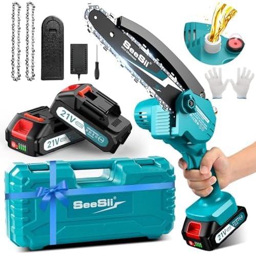 Seesii Mini Chainsaw 6 inch,Cordless Chainsaw w/ 2x2000mAh Batteries,Oiler System & Replacement Chain,Handheld Electric Chain Saw w/Safety Lock,Battery Powered Chainsaw for Wood Tree Cutting, CH600+ (Blue)