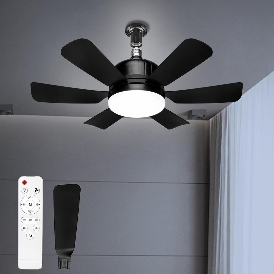 Socket Fan Light with Remote, 18 inch Small Ceiling Fans with Lights, 3 Colors 3000K-6500K, 3 Wind Speeds, Modern Ceiling Fan with Dimmable Led Light Bulb for Bedroom Office Kitchen Garage