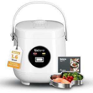 Rice Cooker Small 3 cup Uncooked,1.6 Quart Non-stick Mini Rice Cooker,With Stainless Steel Steamer Tray,One-Switch to Cook and Auto Keep Warm,Recipe Guide,Small space saving for 1-3 people,White