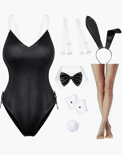 Anime Womens Bunny Girl Costume One Piece Bodysuit Halloween Cosplay Catsuit Bunny Headband Stockings Set, Size S