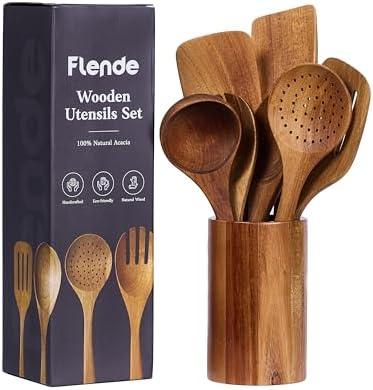 Flende Wooden Cooking Utensils Set, 8-Piece Acacia Wood, Rustic, Non-Scratch, Heat Resistant, Natural Color, Plastic Free, Kitchen Utensils Set