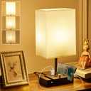 Fully Dimmable Nightstand Lamp for Bedroom with AC Outlet, Table Lamp with Two Phone Stands, Bedside Lamps, Desk Lamp for Bedroom, Living Room, LED Bulb Included White