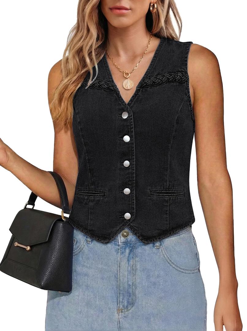 luvamia Denim Vest Women Trendy Button Down Braided Adjustable Waist Western Casual Sleeveless Jean Waistcoat Vests Top, XL