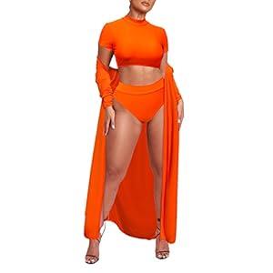 Viottiset Women's 3 Piece Siwmsuit Cover Up High Waist Crop Top Bikini Bathing Suit Orange XLarge