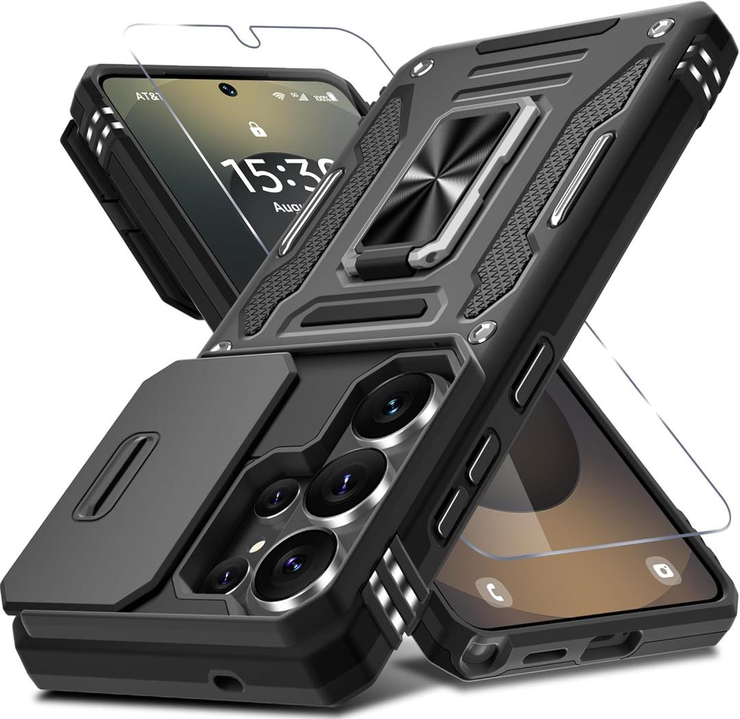 DEERLAMN Case for Samsung Galaxy S26 Ultra 6.9-Inch with Slide Camera Cover+Screen Protector(1 Pack), Rotated Ring Kickstand Military Grade Shockproof Protective Cover-Black