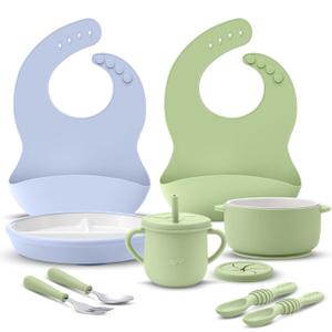 Teenyyou 9 Pcs Porcelain Kids Plates and Bowls Feeding Set with Suction, Ceramic Baby Toddler Divided Plates Silicone Sleeve Bowls Forks Spoons Cup Bib Microwave Dishwasher Safe(Sweets)