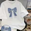 RoseSeek Women's Beaded Sequin Bowknot T Shirt Short Sleeve Crew Neck Embroidery Trendy Tee Y2k Tops White Medium (M)