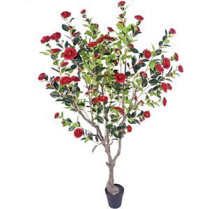 7ft Artificial Camellia Tree | Red Flowers & Green Leaves | Indoor Outdoor Decor, No Maintenance (1 Pack - Red)