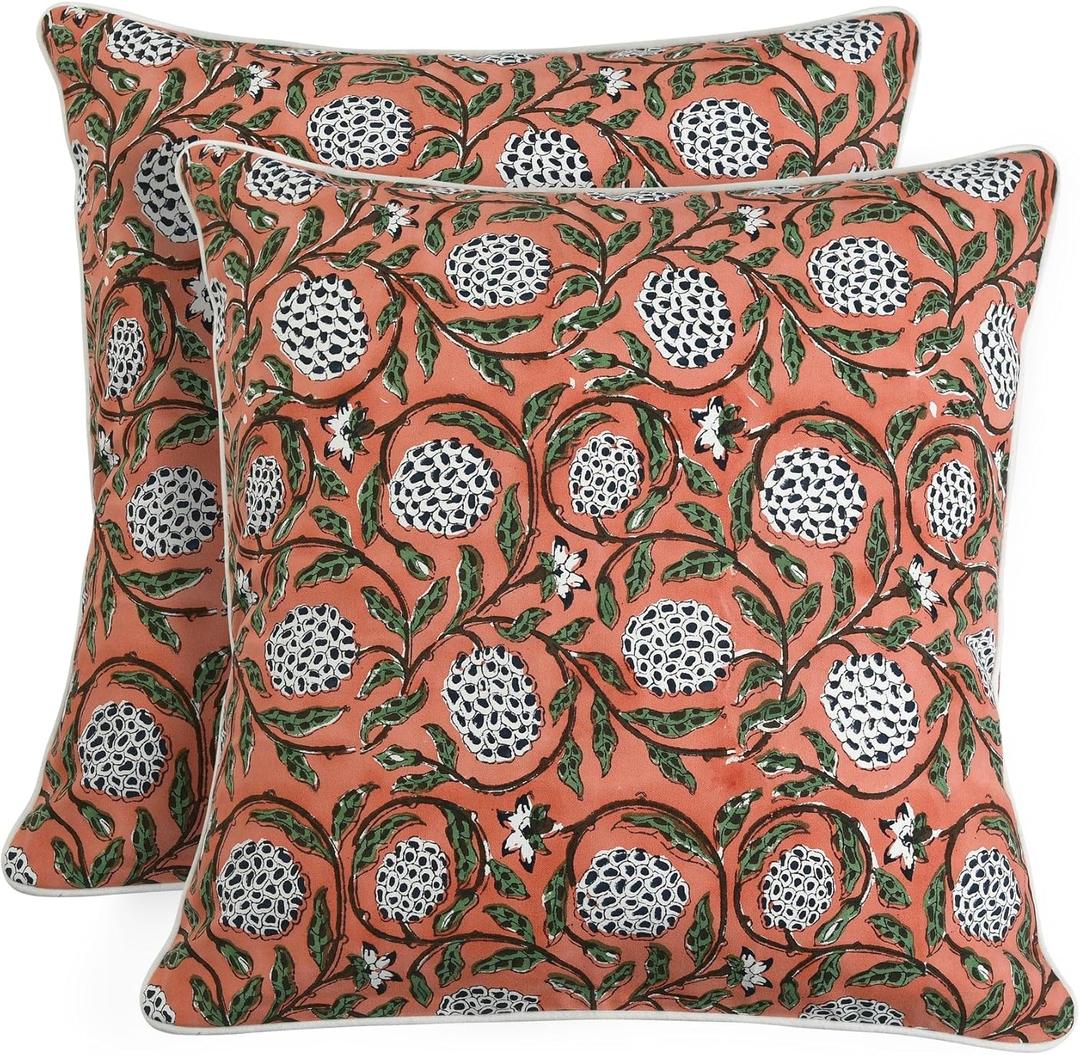 Ridhi Asparagus Green Print Cotton Throw Pillow Covers for Decorative Couch Pillows for Living Room, Chic Boho Cute Outdoor Thanksgiving Pillows Covers Gifts 24x24 Inches