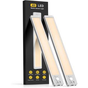 10inch Under Cabinet Lighting, 2 Pack Rechargeable Motion Sensor Light Indoor, 5 Levels Dimmable Magnetic Closet Lights, Wireless Under Counter Lights for Kitchen, Stairs (Warm White Light)