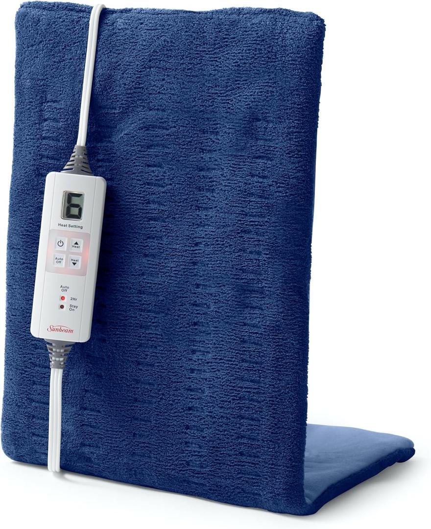 Sunbeam XL Heating Pad for Back Neck and Shoulder Pain Relief Auto Shut Off 6 Heat Settings Extra Large 12 x 24 Navy Ideal for Muscle Aches and Arthritis Pain