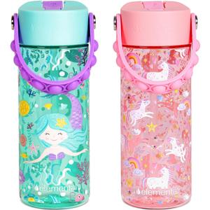Elemental Leak Proof Water Bottles for Kids - Splash Kids Water Bottle for School with Pop-it Handle - Tritan Plastic Water Bottle with Straw - Mermaid & Pink Unicorn - 18oz (2 Pack)