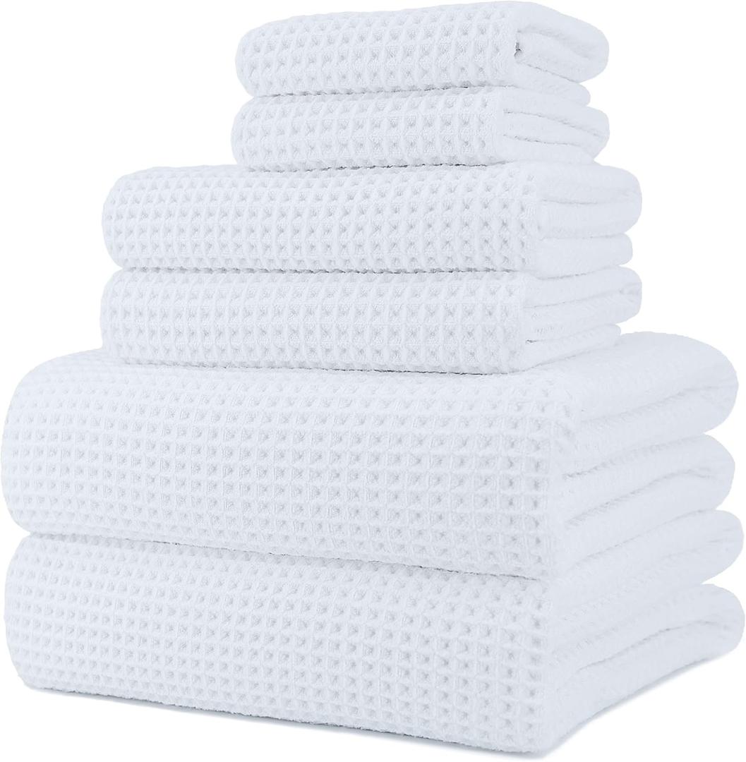 POLYTE 430 GSM Microfiber Quick Dry Lint Free Oversize Bath Towel Set, 6 Piece (Waffle Weave) (White)