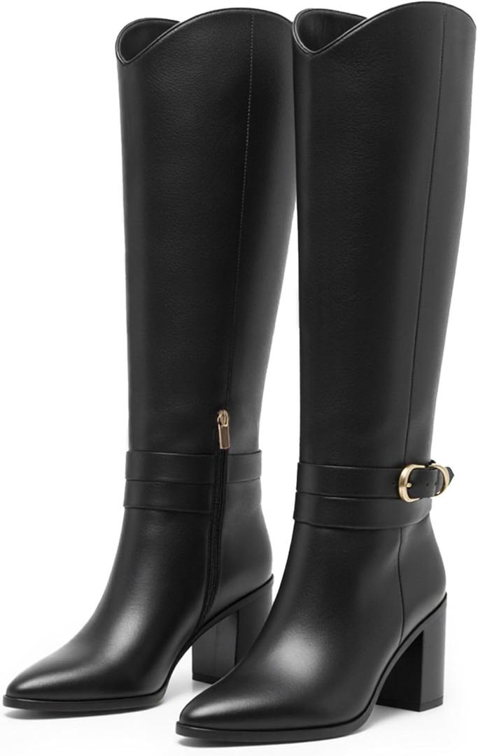 WIRALOMI Knee High Boots for Women Pointed Toe Chunky Heel Boots Metal Buckle Boots with Side Zipper (10, Black)