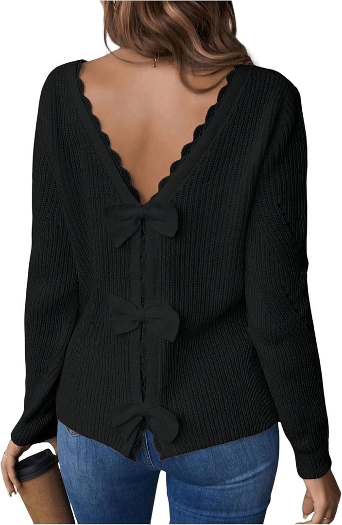 SOLY HUX Women's Sweaters Lace Bow Back Long Sleeve V Neck Pullover Casual Jumper Tops (Large, Pure Black)