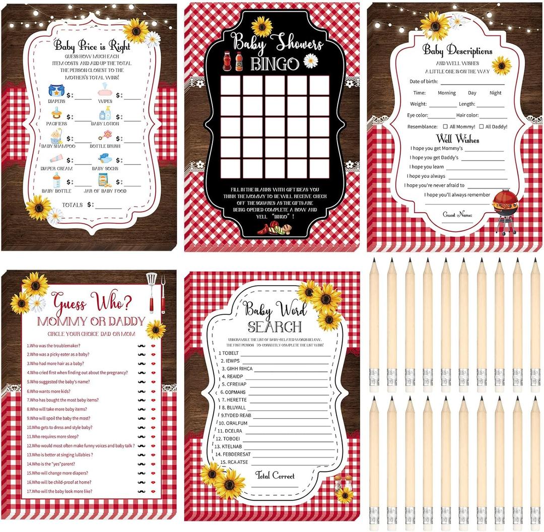 Yinder 145 Pcs BBQ Style Baby Shower Games Girl or Boy Activities Cards Baby Bingo Description and Wishes Guess Who Mommy or Daddy Price is Right Word Scramble Game
