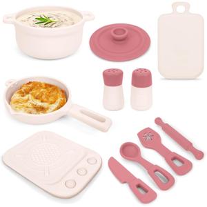 TYRY.HU 11Pcs BPA Free Kids Play Kitchen Accessories Toy, Silicone Pretend Play Food Sets,Cooking Toys Set with Pots & Pans,Pretend Cooking Toys, Montessori Learning Gifts for Toddlers 1-3,Pink