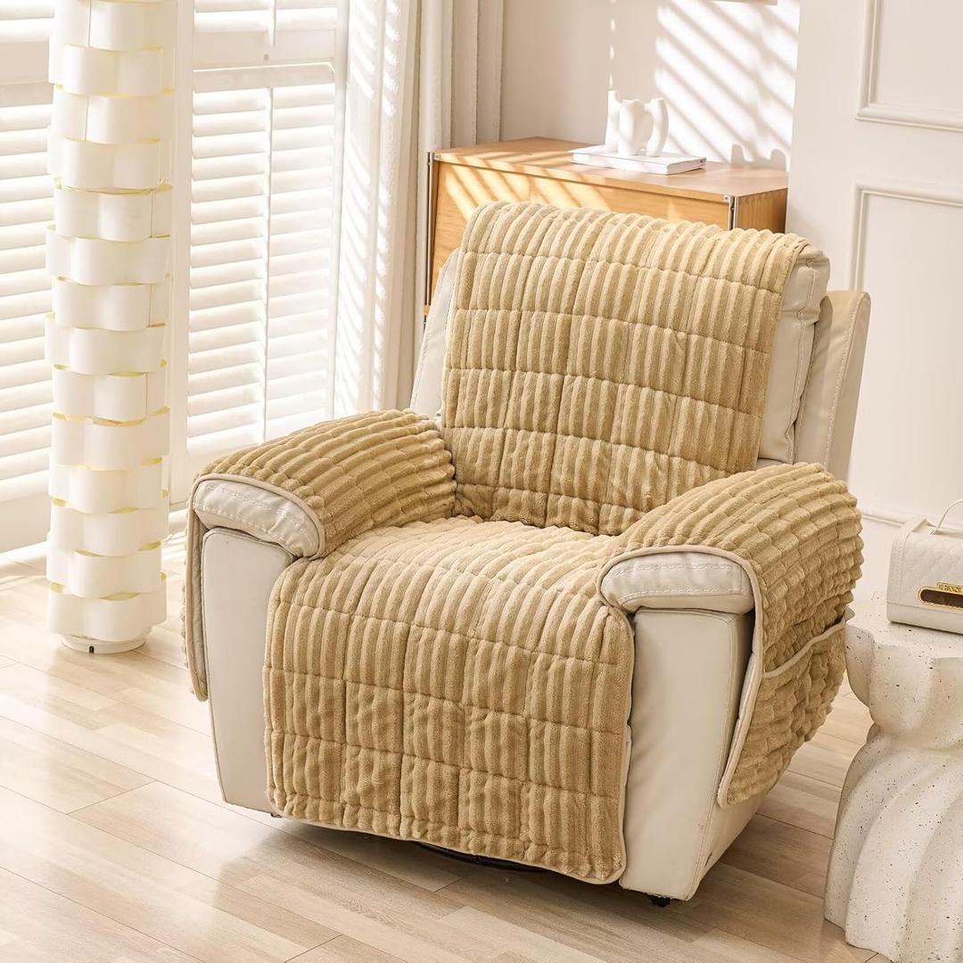 23-Inch Quilted Recliner Cover, Brown Rabbit Fur Lazy Boy Chair Protector, Washable Fabric Slipcover for Pets and Kids, Suitable for Chaise Lounges and Furniture